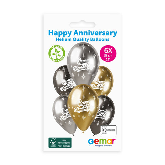 Gemar 13" Shiny Happy Anniv #4613" GBS120 6pcs Round Balloon — Italian store pack original 1200px