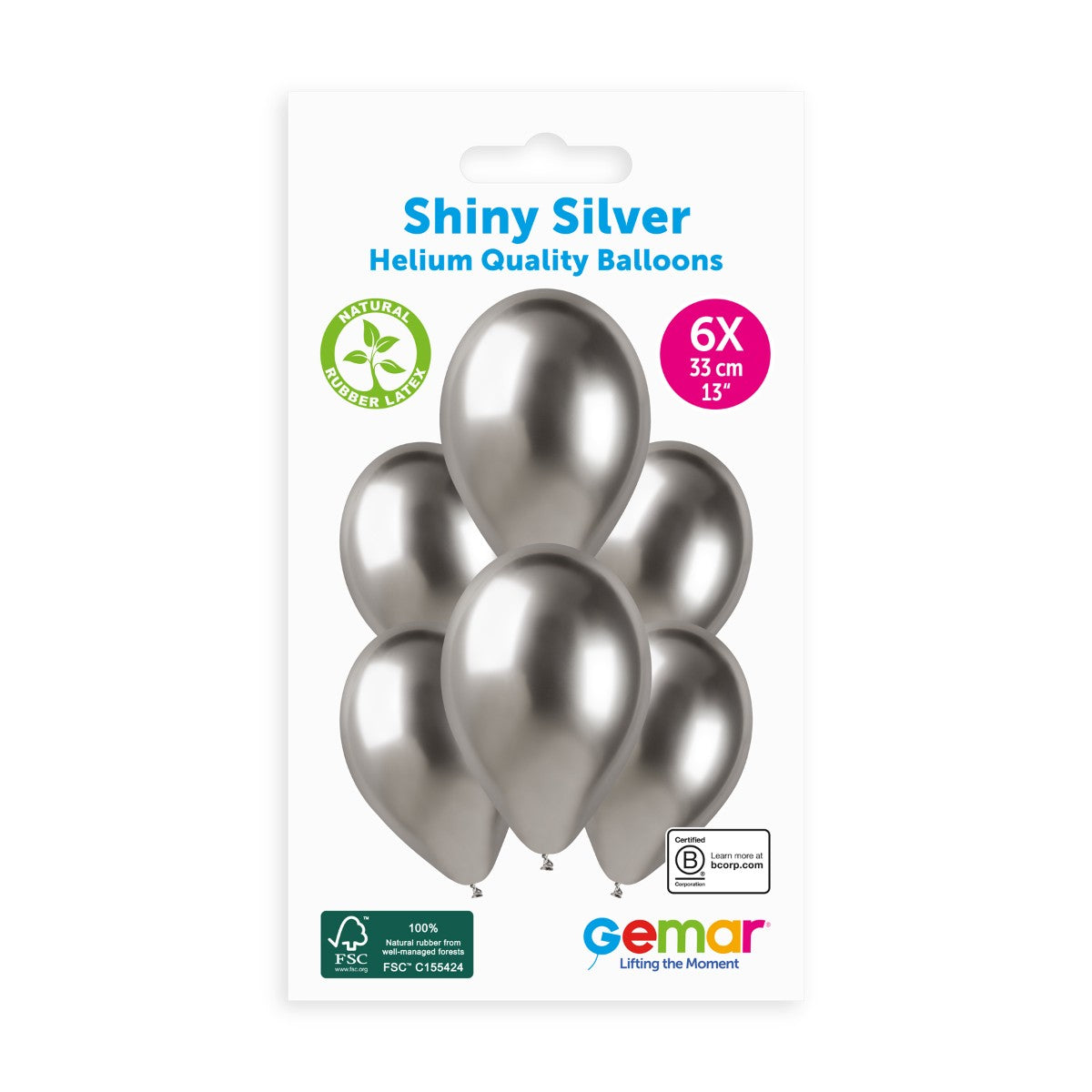 Gemar 13" Shiny Silver #089 GB120 6pcs Round Balloon — Italian store hang-pack original 1200px