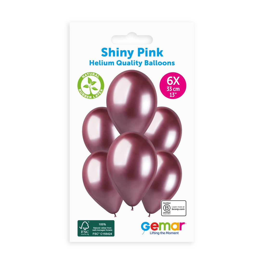 Gemar 13" Shiny Pink #091 GB120 6pcs Round Balloon — Italian store hang-pack original 1200px